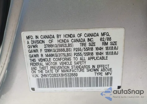 2008 Acura Mdx Technology Package from USA, damaged, VIN 2HNYD283X8H532889